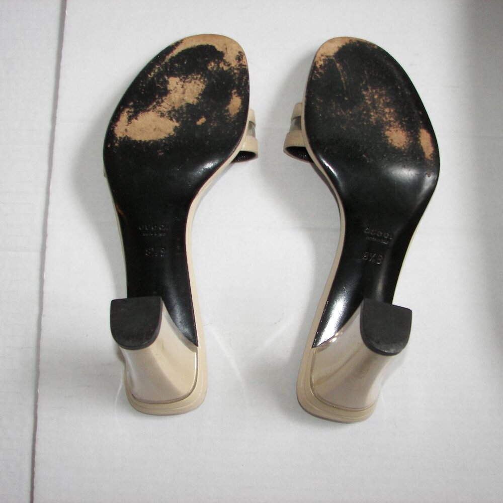 Gucci cream color peep toe leather mule heel US8.5B/EU39 lucite 3" heel - Picture 9 of 10